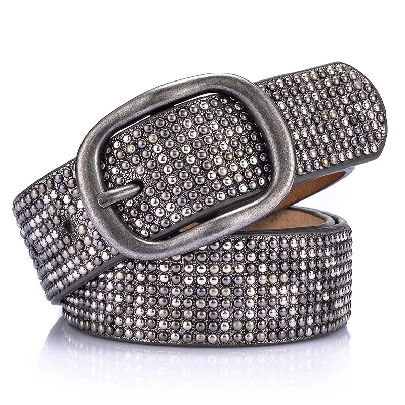 

Women Leather Belt Geometric Rivets Pin Buckle PU Belts For Women Jeans European Fashion Vintage Waistband Female Black