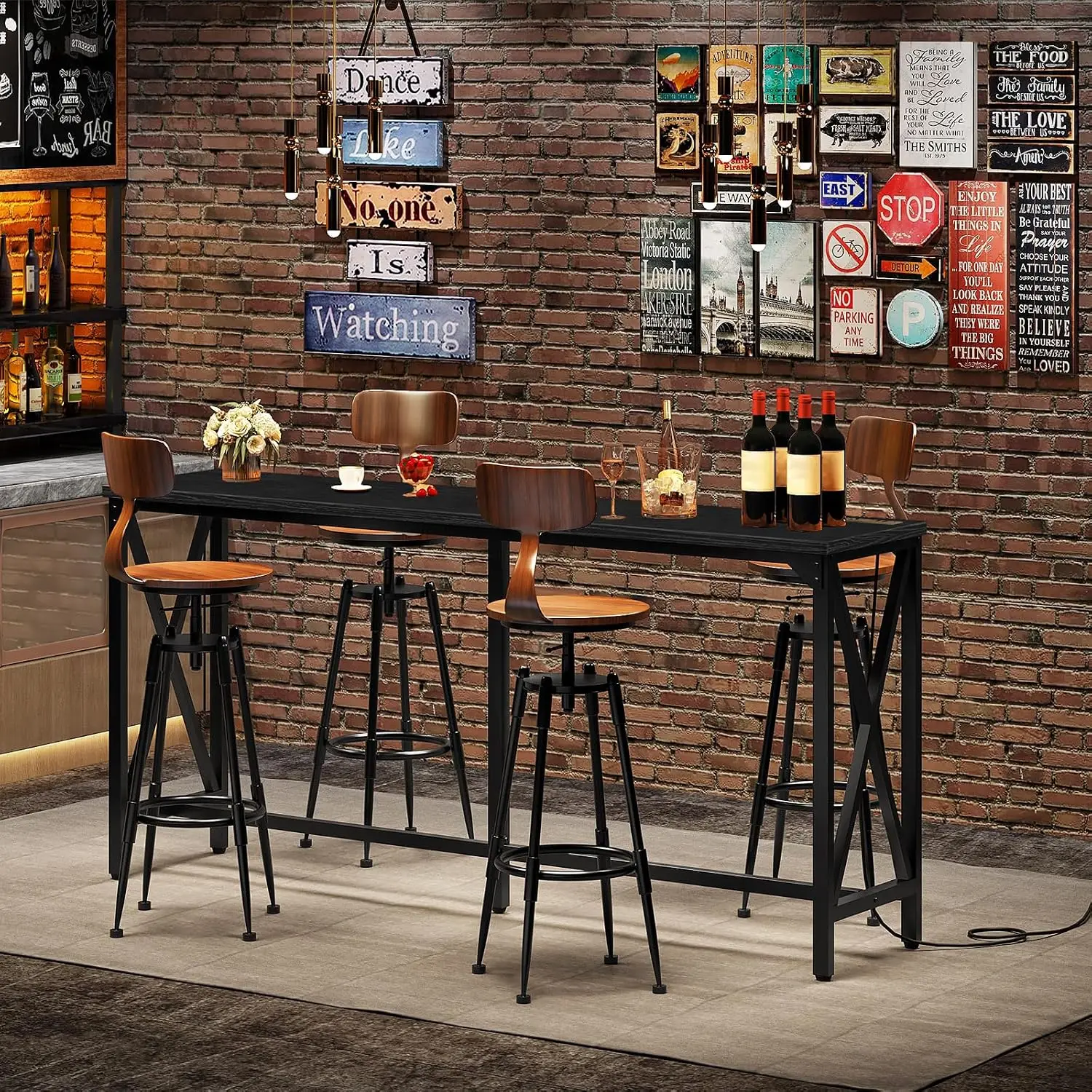 63'' Bar Table, Kitchen Dining with Power Outlet and Footrest, Industrial Style, for Pub, Living Room, Black TBT07UBB