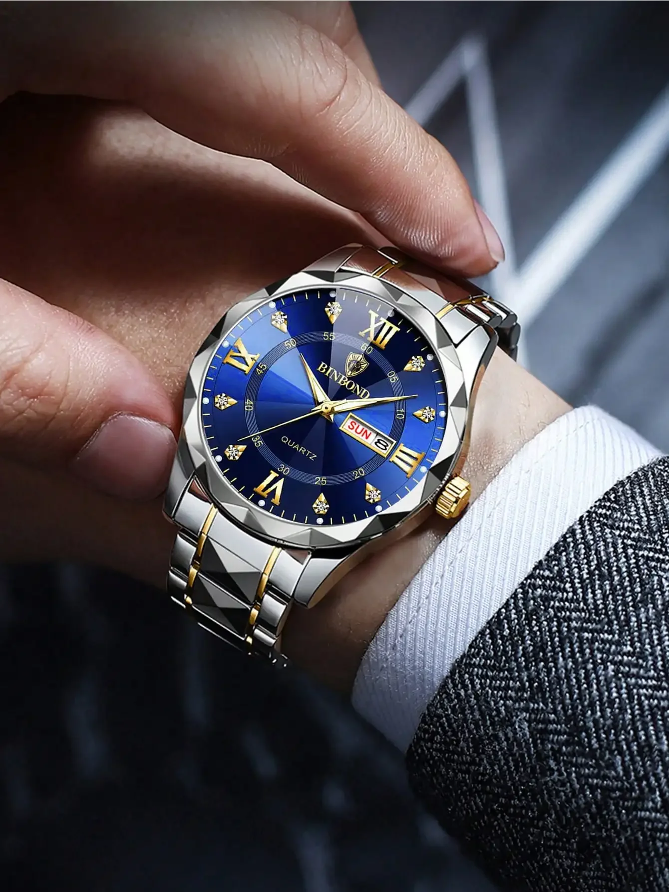 2pcs/Set BINBOND Couple Quartz Watches 30M Waterproof Fashion Diamond Valentine Day Gift Stainless Steel Watch Men Women Watch