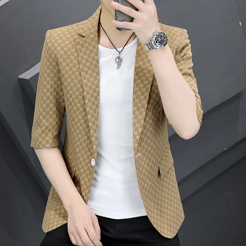 Summer Three-quarter Sleeve Suit Jacket Men Korean Slim Fit Plaid Blazers Casual Business Social Coats Streetwear Male Clothing