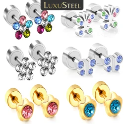 LUXUSTEEL Cute  Girls Stud Earrings Stainless Steel Colorful Cubic Zircon Flower Anti-allergy Christmas Jewelry Gifts