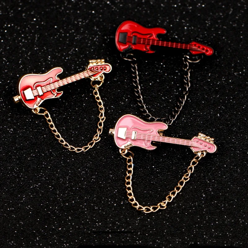 Literary Artistic Retro Guitar Fashionable Instrument Design Metal Link Chain Enamel Brooch Music Pin Badge Personality Jewelry