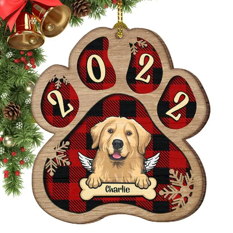 Dog Christmas Ornaments Wooden Ornaments Paw Print Buffalo Plaid Cat Dog Cutouts For DIY Craft Christmas Embellishments Decor