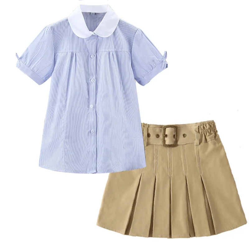 2025 خريف جديد الفتيات مطوي زي مدرسي تنورة الكاكي الأطفال طالب التبتية الأزرق نصف طول تنورة