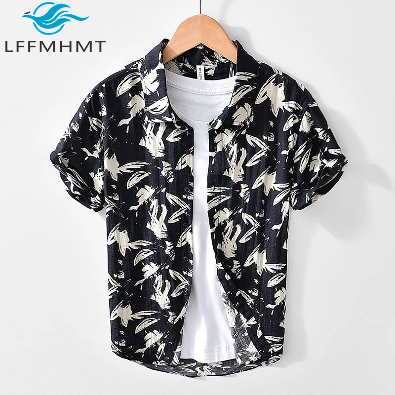 

L144 Black White Print Shirt Short Sleeve Casual Linen Shirt Summer Fashion Hawaii Beach Holiday Breathable Comfortable Blouses