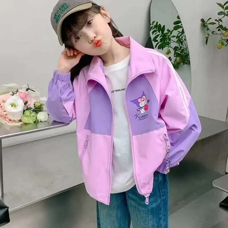 Sanrio Kuromi Kids Spring Color Matching Jackets Cute Loose Comfort Cardigan Cartoon Windproof Stand Collar Coat Anime Girl Gift