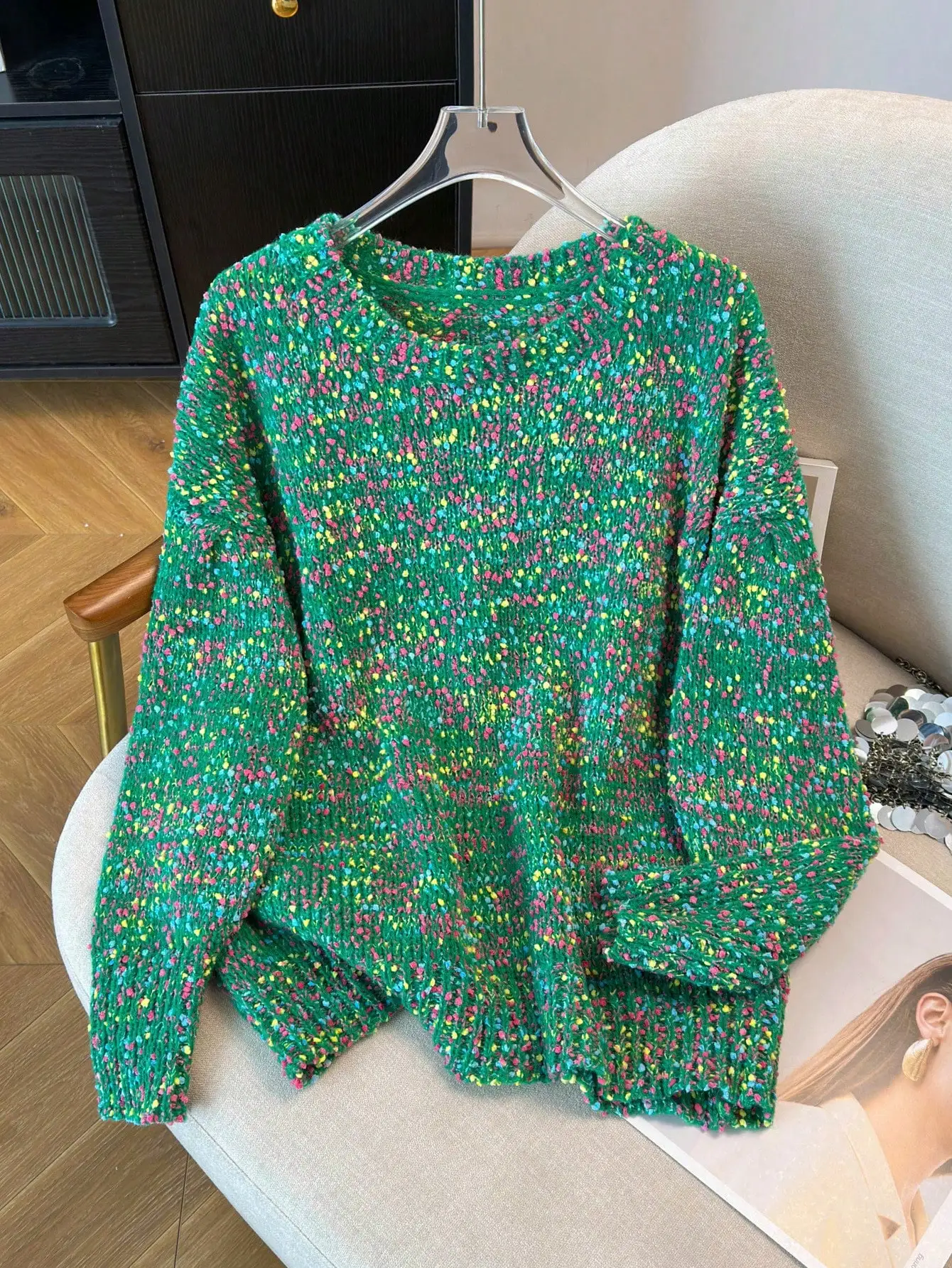 

Свитер крупного размера с круглым вырезом и длинными рукавами, с разноцветными вкраплениями, повседневный пуловер для осени и зимы