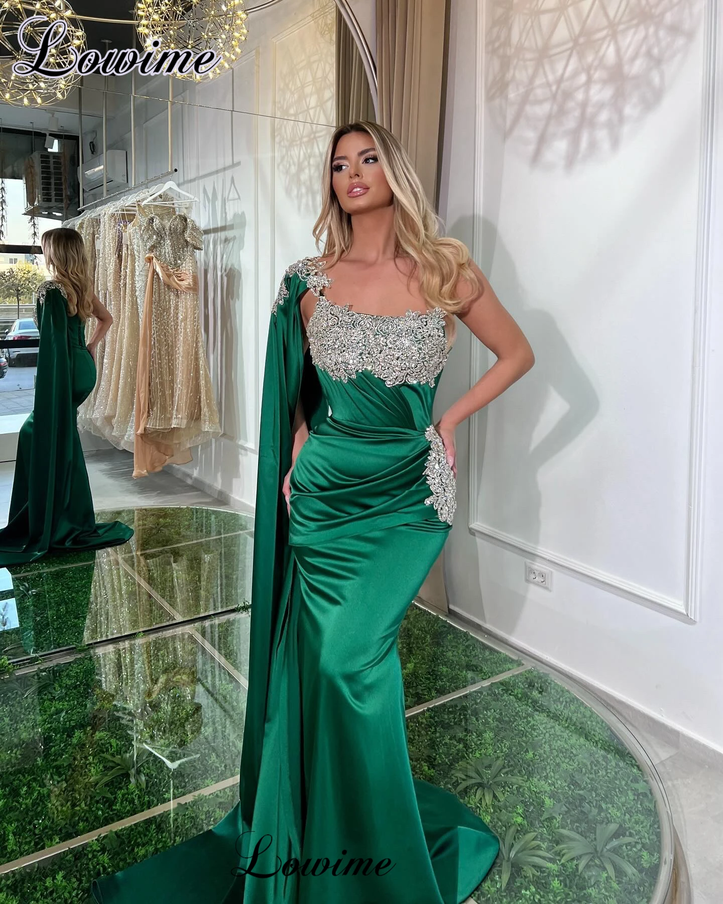 Elegant Green Mermaid Cocktail Dresses With Crystals Backless One Shoulder Prom Dresses Long Vestidos De Cóctel customized