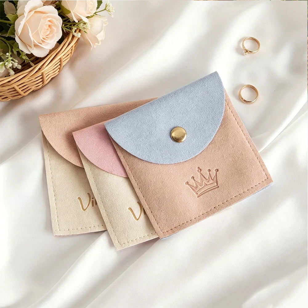 

50Pcs/Lot Custom Logo Jewelry Packaging Pouch Velvet Button Bag Small Microfiber Travel Wedding Gift Earrings Rings Dust Pouches