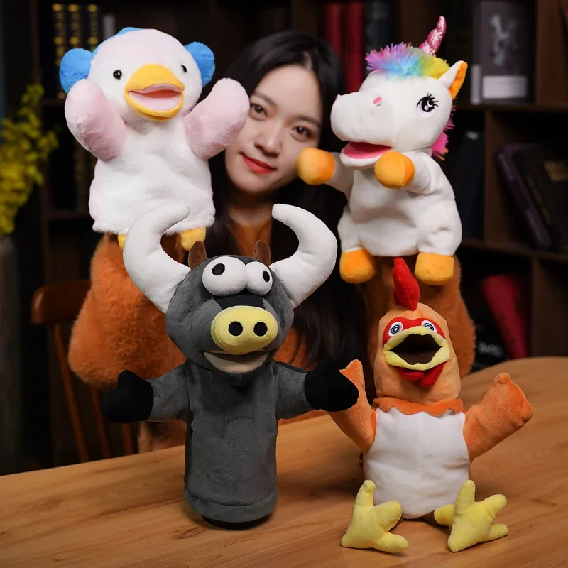 Cartoon Tier Plüsch Handpuppen weiche Puppe Hühner Rinder Pinguin Einhorn Geschichte so tun, als ob sie Plüschtiere als Geschenk spielen