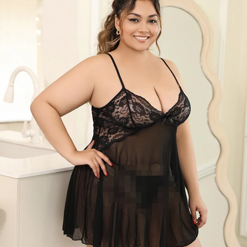 5XL Plus Size Lingerie Women Sexy Mesh See Through Nightgown Lace Babydoll Strappy Chemise Nightwear V-neck A-Line Nightdress