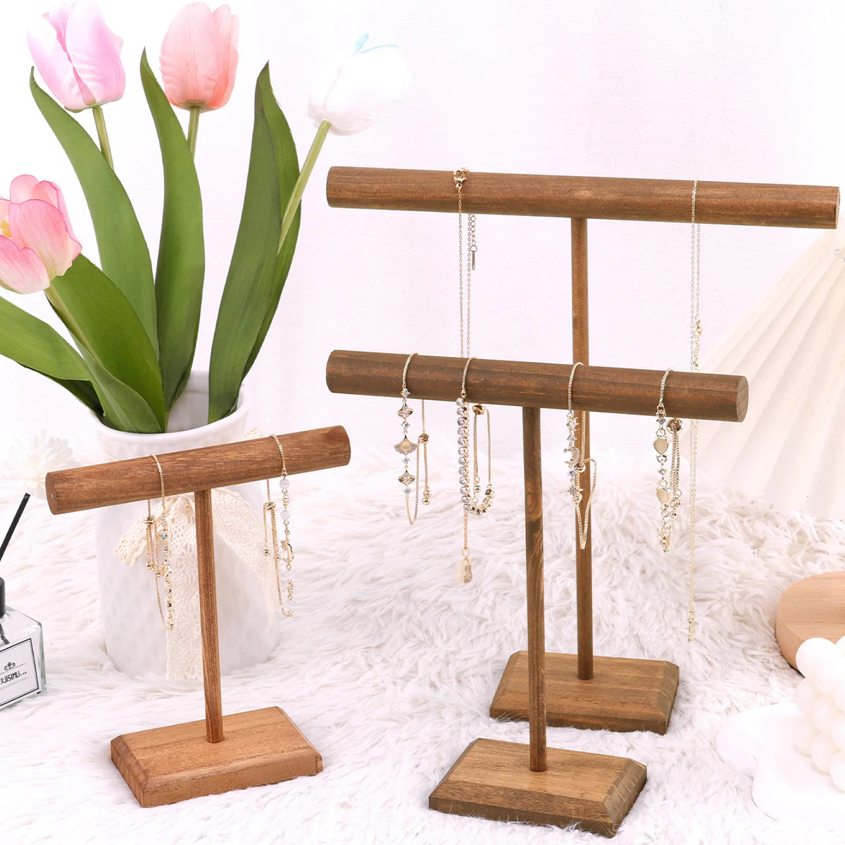 Almacenamiento de pulseras de joyería de madera, cadena de exhibición, reloj, barra en T, organizador, soporte duro, exhibición de joyería, estante de exhibición de pulseras