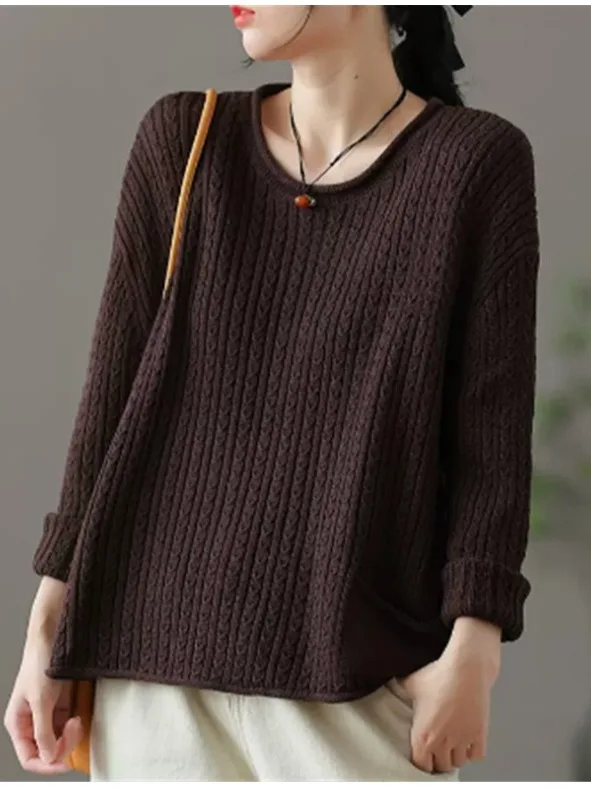 

Ретро-корейский вязаный свитер с открытыми плечами для женщин, свободный повседневный свитер с длинными рукавами, хлопковый, однотонный