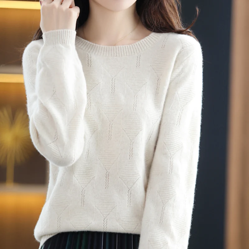 2022 Spring And Autumn Women's Fashion Hollow Round Neck Solid Color Pullover Loose Casual All-Match 100% Wool Knitted Sweater