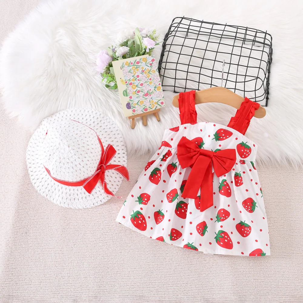 Summer 2/Piece Girls\' Dress Hat Baby Girl Pleated Sleeveless Strawberry Print Big Bow Decoration Beach Dress