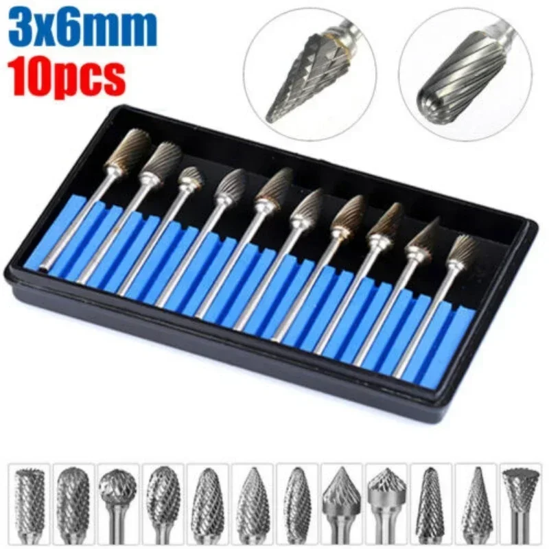 Double Bit Burr Point Carving Drill Abrasive Carbide Head 10pcs/set Tool Grinder Milling Tools Die Text Tungsten Rotary