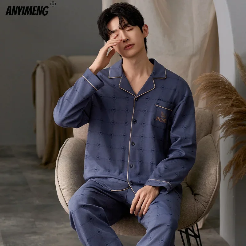 Pijama de algodón con solapa para hombre, ropa de dormir de manga larga, pantalones largos, talla grande, L-3XL, de lujo, a la moda, novedad, Otoño e Invierno