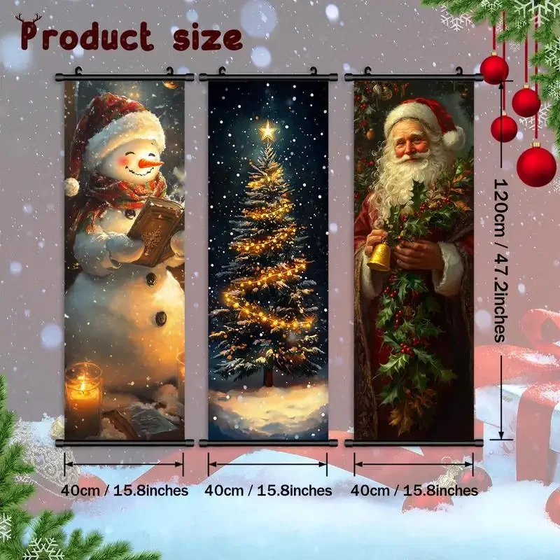 Christmas Themed Hanging Banner, 3 Counts/set Santa Claus & Christmas Tree Pattern Wall Decor