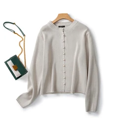 Ethereal  MD 2024 new style of Women's casual French minimalist button-short crew-neck knit cardigan jacket