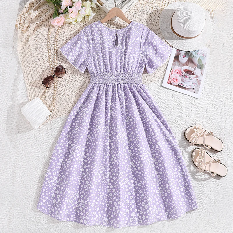 Girls Purple Floral Party Dress Simple And Sweet Fashion Summer Resort Style Beach Clothes For 8-12 Years Children