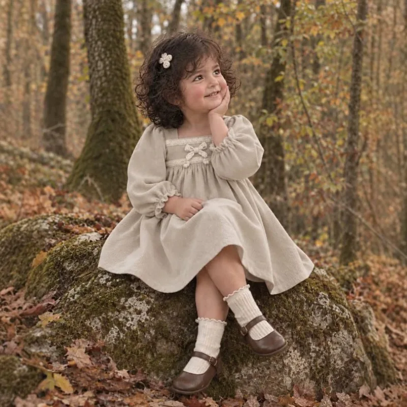 Spring and Autumn Girls' Light Core Velvet Forest Series Casual Outing Princess Long Sleeve Versatile Dress