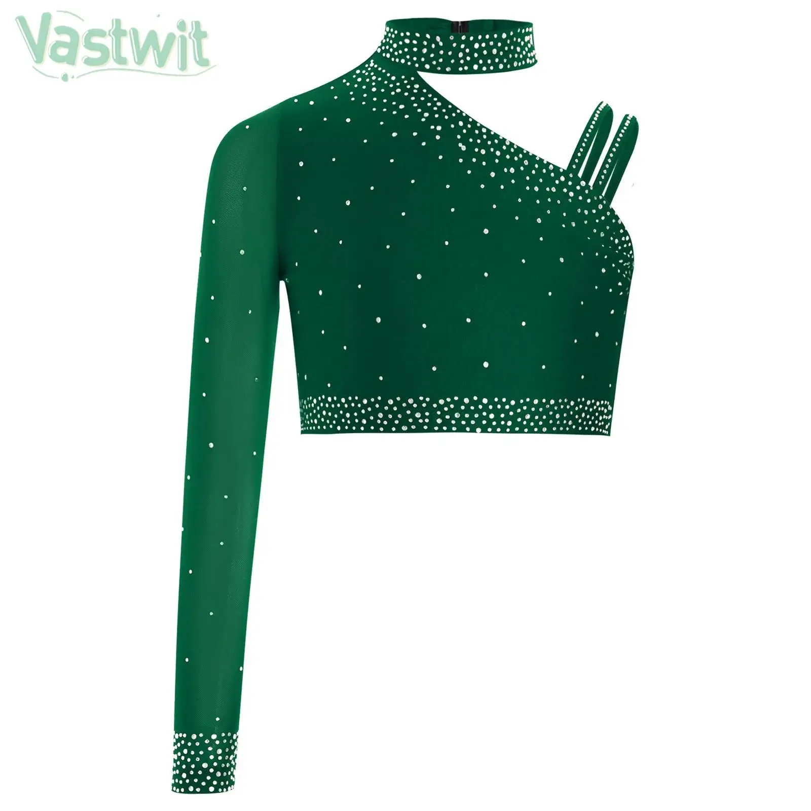 

Для девочек на одно плечо, блестящие стразы, сетчатые лирические топы для современного танца, фигурное катание, гимнастика, акробатика, укороченные топы, танцевальная одежда