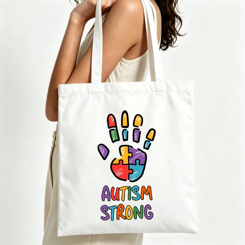 Sac fourre-tout en toile avec motif d'empreintes de mains pour la sensibilisation à l'autisme, style décontracté pour un usage quotidien et les événements communautaires