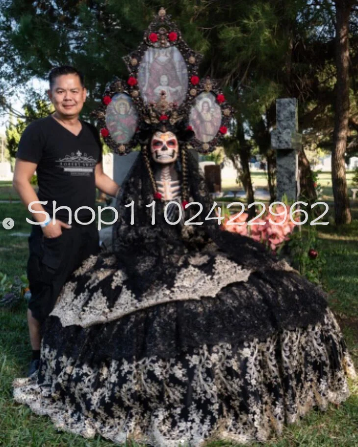 Black Gold Charro Catrina Quinceanera Dresses Mexican Long Sleeve Applique Lace Puffy Skeleton Corset vestido de baile 15 anos