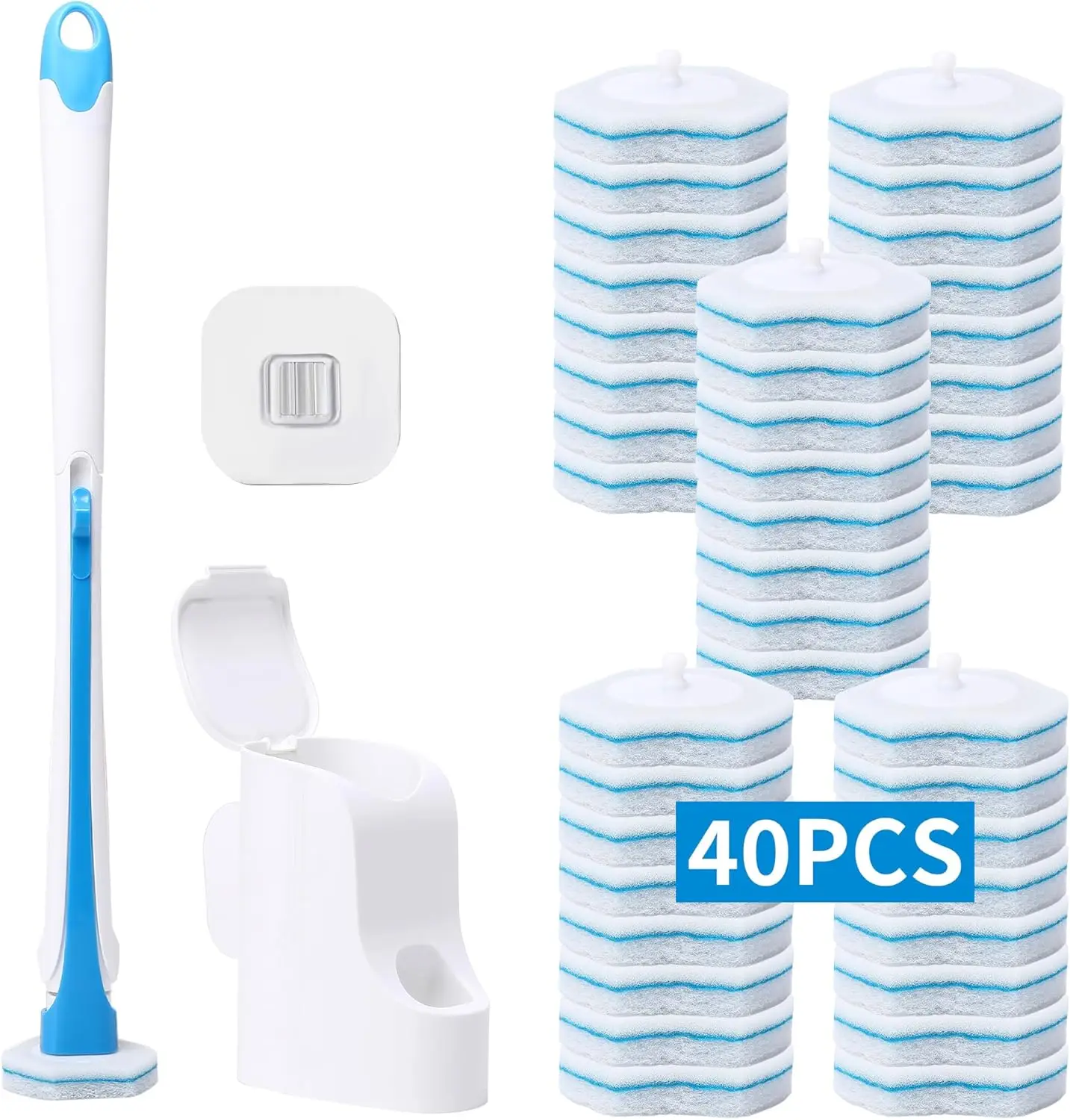

Disposable Toilet Brush with 40 Refills, Wall Mounted Compact Wand Cleaning System with Storage Caddy for Toilet, Sink, Bathtub