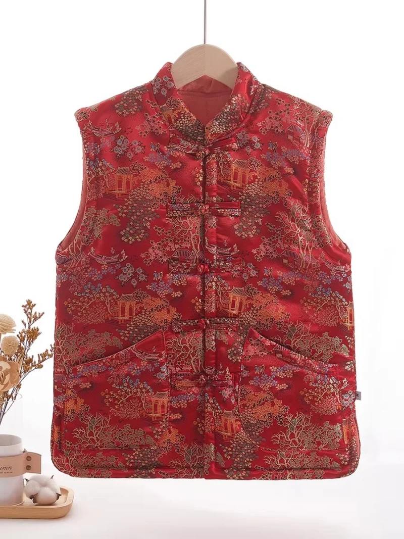 Vintage Chinese Style Cotton Vest for Women, Autumn Winter Waistcoat with Decorative Buckles - Casual Outerwear Jacket (w2307)