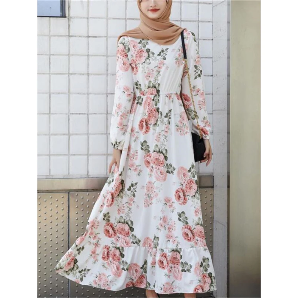 Spring Summer Female Solid Full Sleeve O-neck Casual Dress Women Bohemian Long Dress Woman Muslim Maxi Dresses