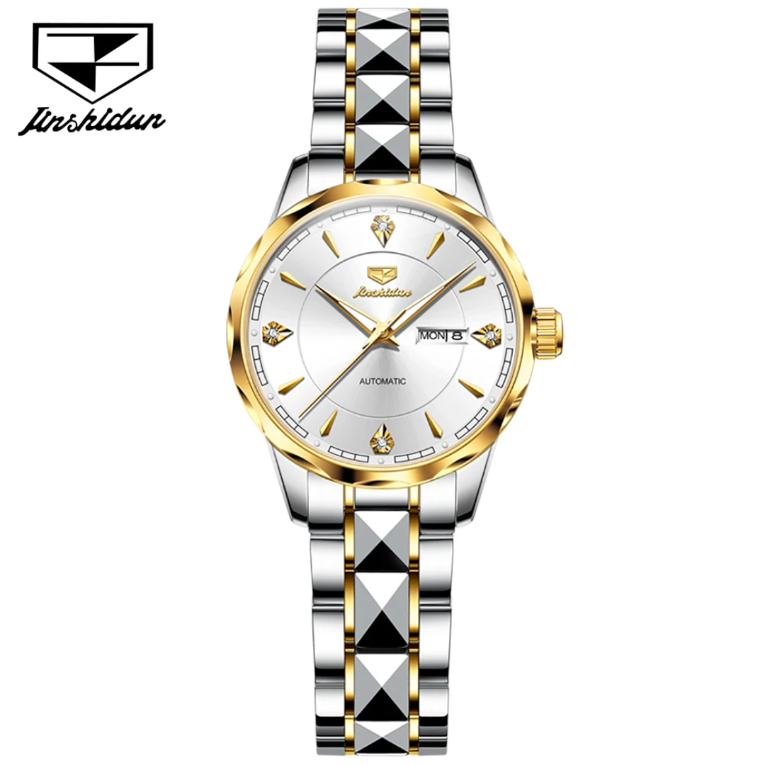 JSDUN 8975 Mechanical Fashion Watch Gift Round-dial Stainless Steel Watchband Wristwatch Week Display Calendar