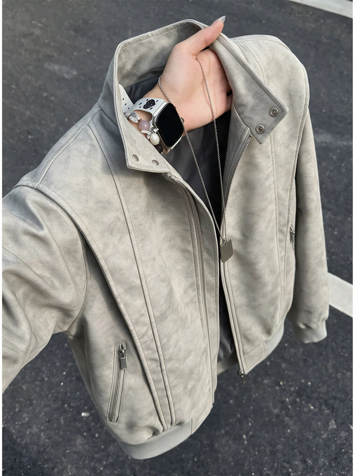 Deconstructed PU Leather Baseball Jacket Men's Fashion Autumn Cleanfit Stand Collar Short Shape Outerwear Dyed Jacket