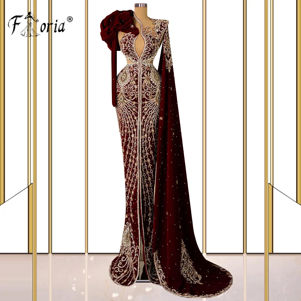 Perline di cristallo di lusso abiti da sera a sirena in velluto Couture manica lunga Middlle East Party Prom Gown Vestidos Gala