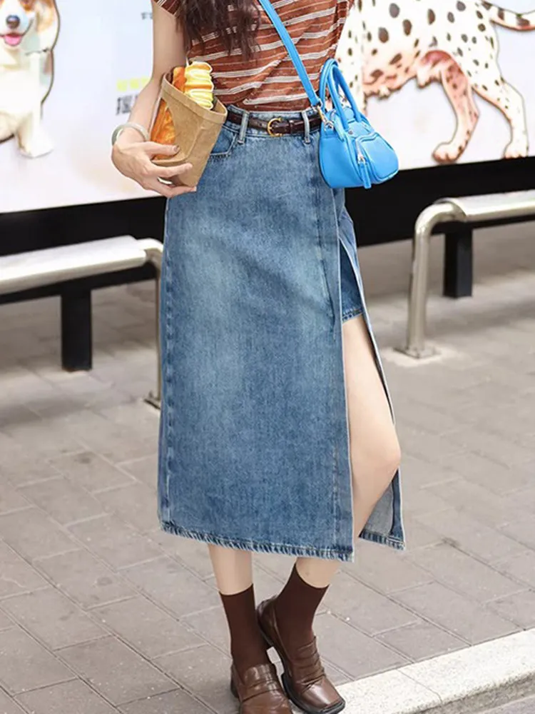 

High Waist A-Line Midi Denim Skirt Women's Summer 2026 Fashion Loose Slimming Casual Zipper Back Split Elegant Skirts