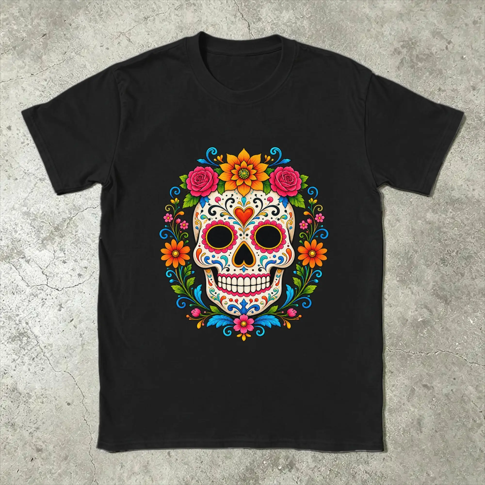 Men Dia De Los Muertos Sugar Skull Floral Halloween T Shirt  Cotton Clothes Short Sleeve Crew Neck Tee Shirt Printed T-Shirt