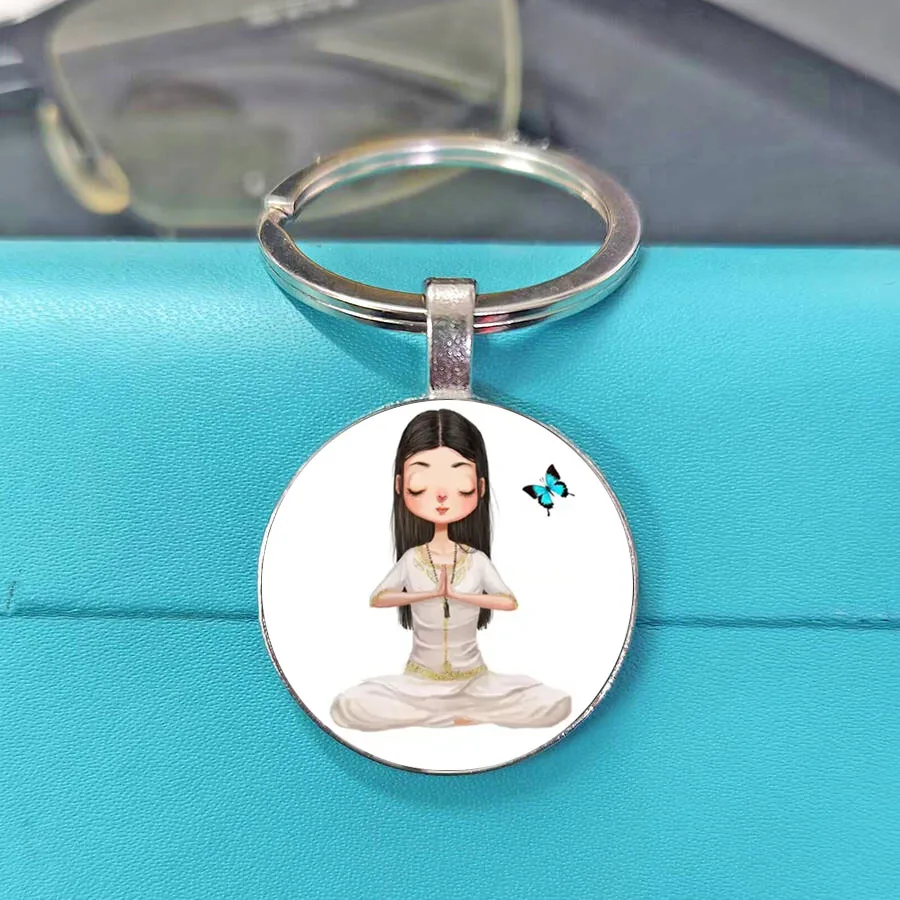 Modern I Love Yoga Glass Round Keychain Cute Cartoon Character Buddha Girl Keychainss