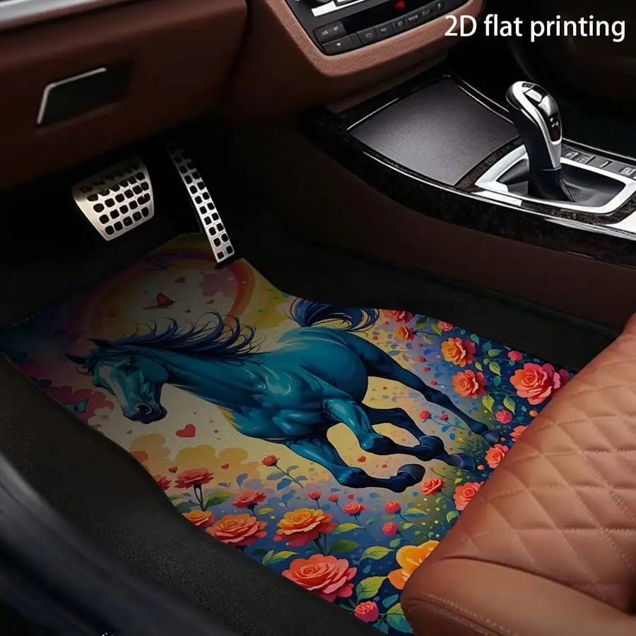 

4pcs Universal Car Floor Mats Blue Horse Rose Pattern Polyester Fiber All Season Easy Clean