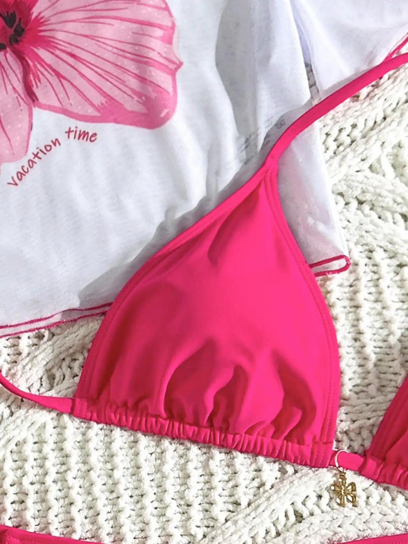 

Women's 3-Piece Bikini Set With Floral Print Sheer Cover-Up And Metal Flower Pendant