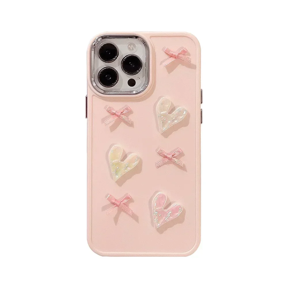 3D Pink Love Heart Bow Phone Case for IPhone16 15 14 12 13 11 Pro ProMax Mini Plus X XR Shockproof Phone Cover