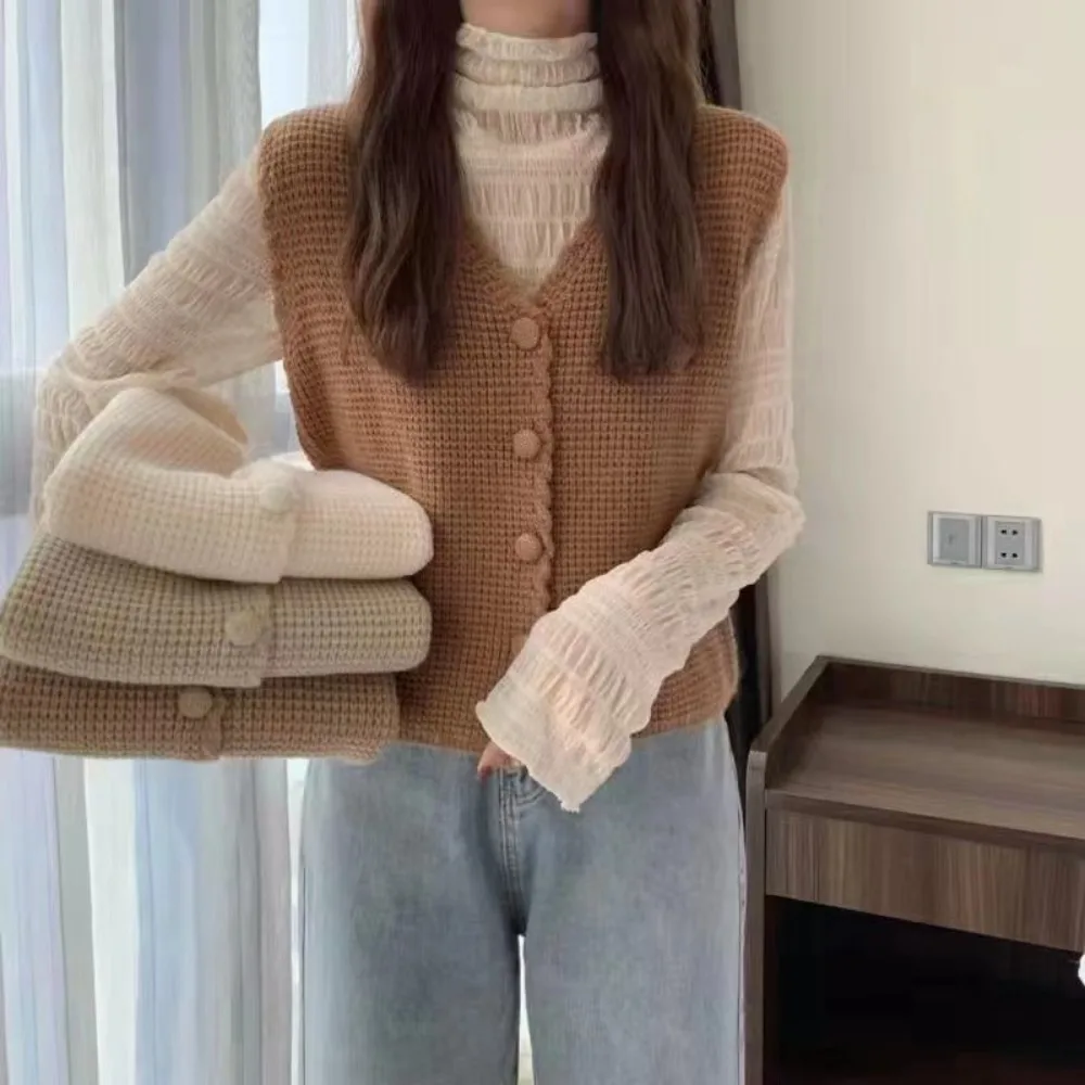 

Fashion Slim Sleeveless Knitted Vest Solid Color V-Neck Knitted Waistcoat Button Pullover Tanks Tops Spring Autumn