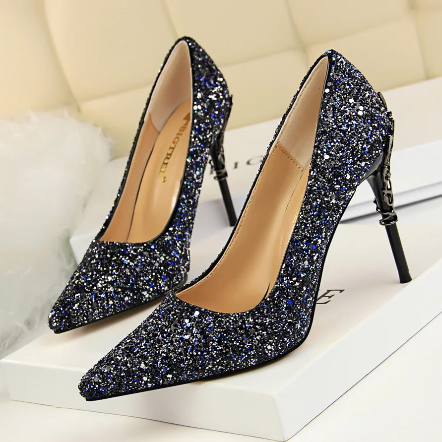 

Women 10cm Fetish Blue Bling Sequins Daily Scapins New Goddess Pumps Lady Luxury High Heels Wedding Bridal Party Dress Shoes