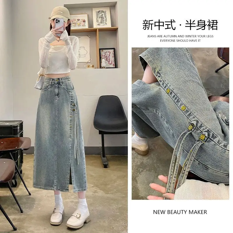 Rok Denim gaya China untuk wanita, rok Denim model A-line pinggang tinggi trendi dan serbaguna panjang sedang gaya China