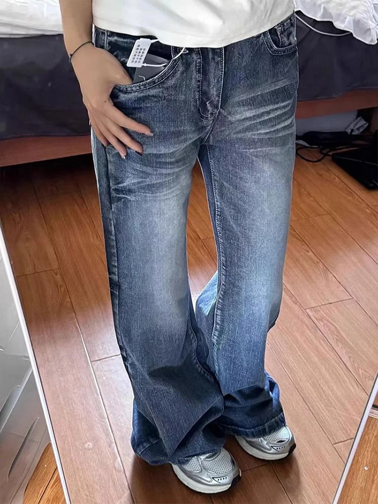 

Винтажные синие расклешенные джинсы с низкой посадкой, летние свободные джинсовые брюки для женщин, модные уличные женские джинсовые брюки