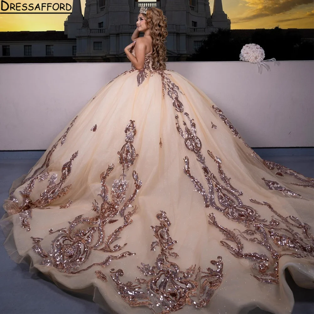 Rose Gold Quinceanera Dresses for 15 Year Old 3D Flower Ball Gown Sexy Sweetheart Off the Shoulder Long Party Dres