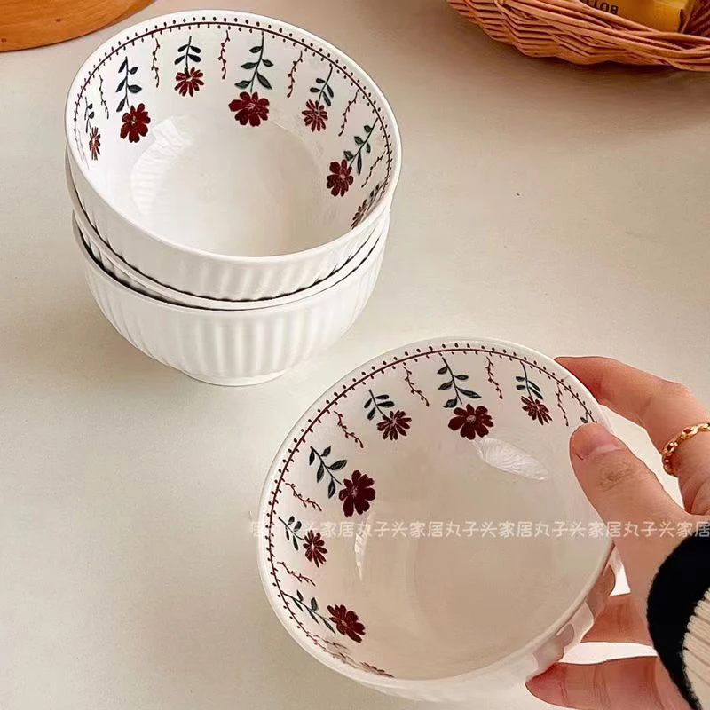 South Korea ins wind Food Fresh Pastoral Small Flower  Bowl Family Bowl  High Appearance Level Ceramic Soup Bowl Tableware