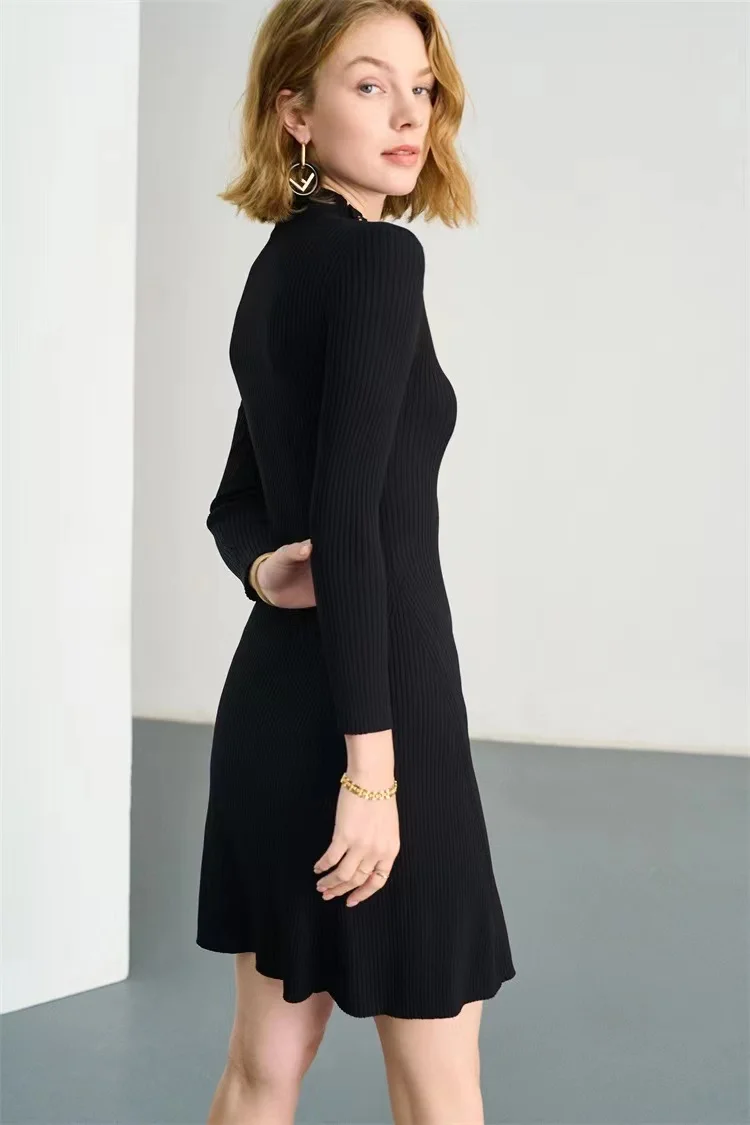 

Autumn New French Vintage Black Dress Women Slim Waist Long Sleeve Half Turtleneck Ladies Knitted Robe Office Lady Skirt Clothes