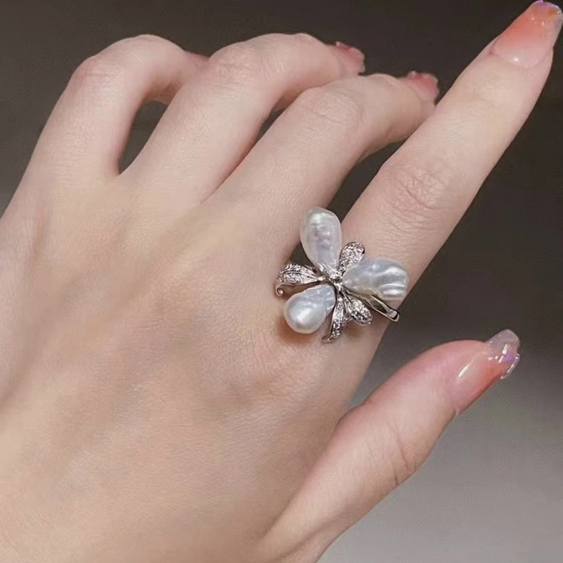 100% Natural Aurora White Seedless Petal Baroque Ring Handmade Flower Ring with Adjustable Opening, Jewelry Luxury, Fashion Gift