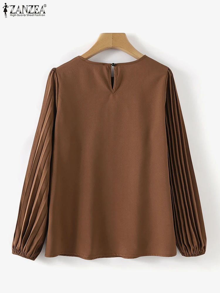 ZANZEA Fashion Pleats Long Sleeve Blouse Women Vintage Tops 2023 Autumn Round Neck Shirt Holiday Causal Loose Solid Color Blusas