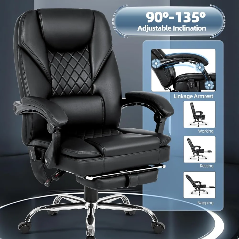 كرسي مكتب جلدي مريح عالي الظهر مع مسند للقدمين، اهتزاز 4 نقاط وتدليك حراري للراحة التنفيذية
